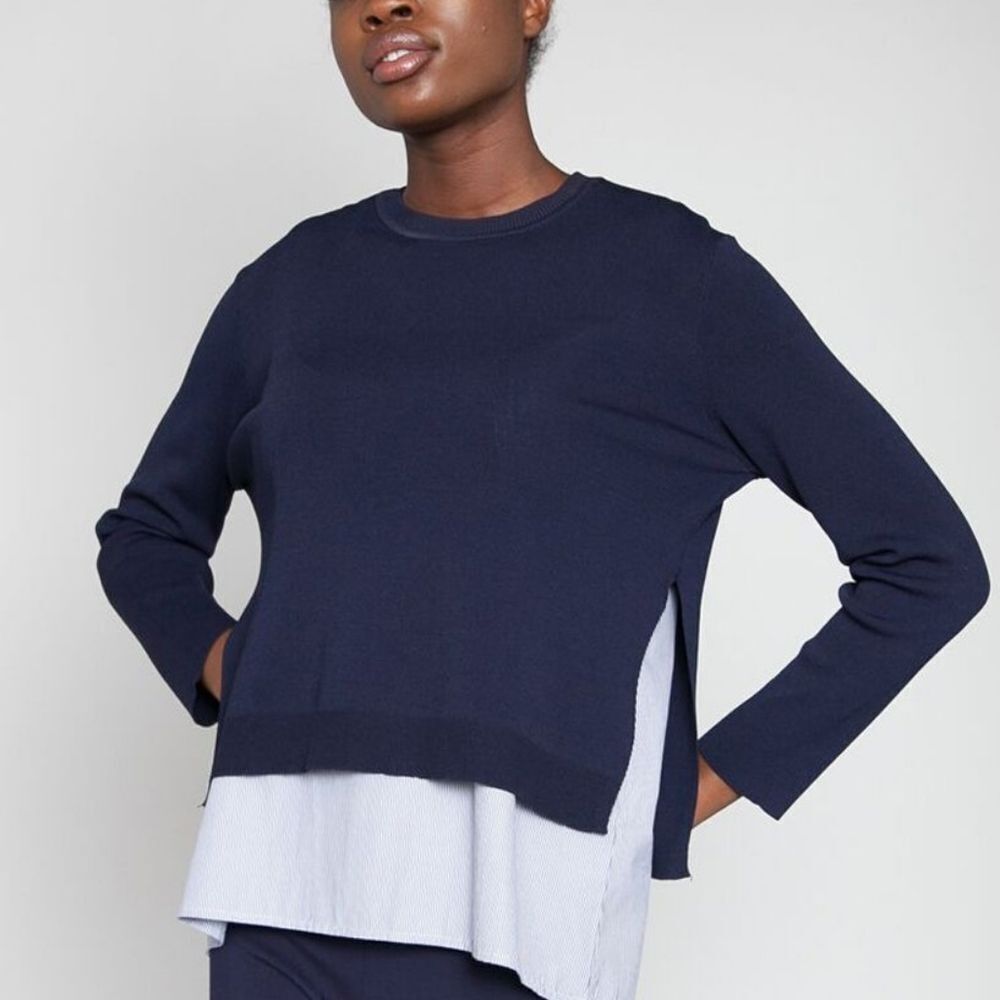Lela Rose Crewneck Wool Relaxed Fit Poplin Combo Navy Sweater Size Small